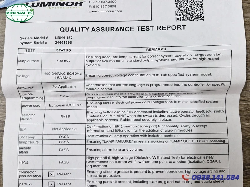 Giấy kiểm định của bộ đèn UV LUMINOR LBH4 - 152