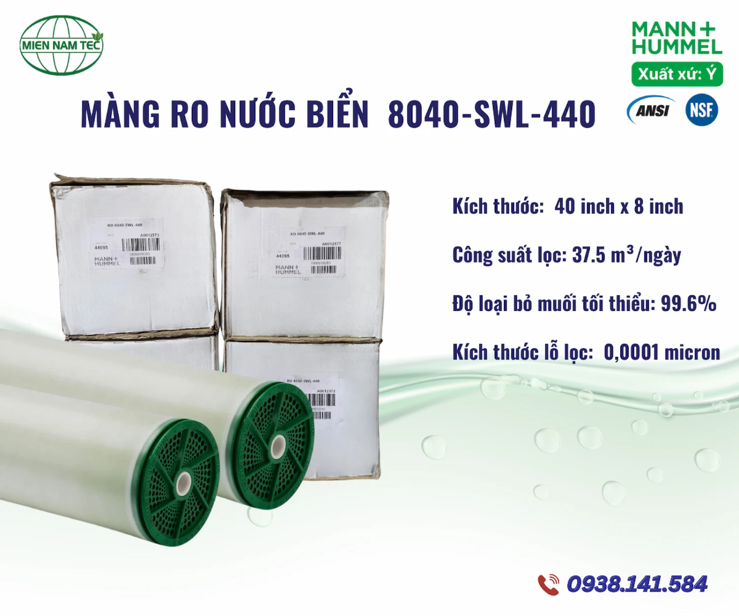 Thông số kỹ thuật của màng RO 8040-SWL-440