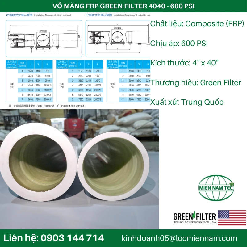 VỎ MÀNG FRP GREEN FILTER 4040 - 600 PSI