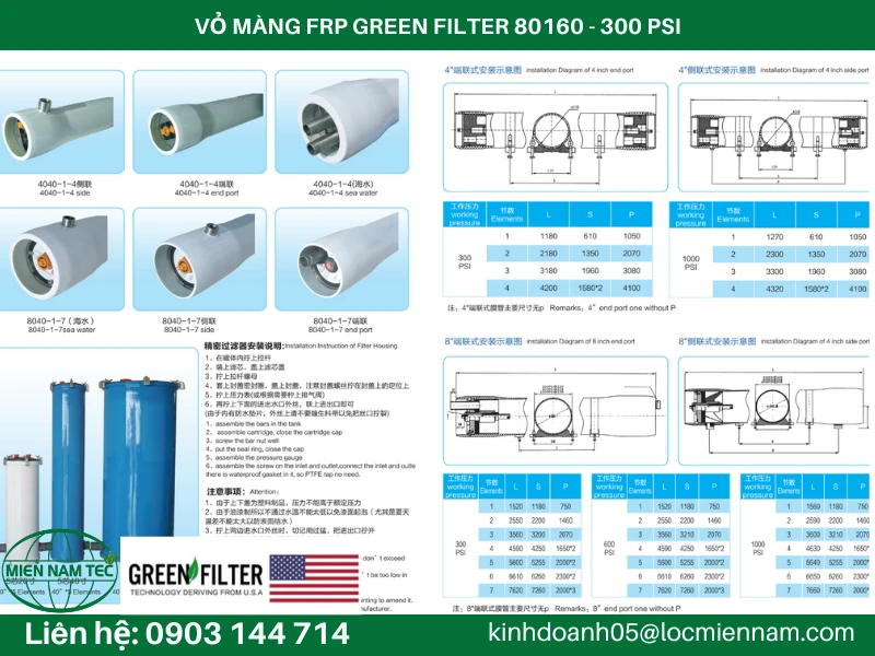VỎ MÀNG FRP GREEN FILTER 80160 - 300 PSI